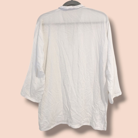 White Sheer Silky Embroidered Rainbow Pom Pom Buttoned V-Neck Tunic Blouse - Picture 2 of 9